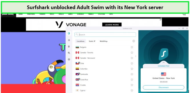 surfshark-unblocked-adultswim-with-newyork-server-outside-usa