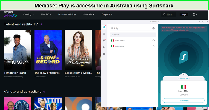 accessed mediaset in australia with surfshark